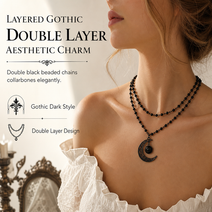 📢📢50 % DE RÉDUCTION !! ⏰ Collier gothique – Perles cristal & pendentif lune ajourée ✨