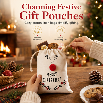📢📢50% DE RÉDUCTION !! ⏰Sacs cadeaux de Noël à cordon en coton et lin avec motifs élan au nez rouge et Père Noël pour friandises festives 15x20 cm