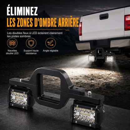 Support de fixation pour attelage de remorque, conçu pour monter deux projecteurs LED compacts et feux de recul sur les camionnettes et les SUV
