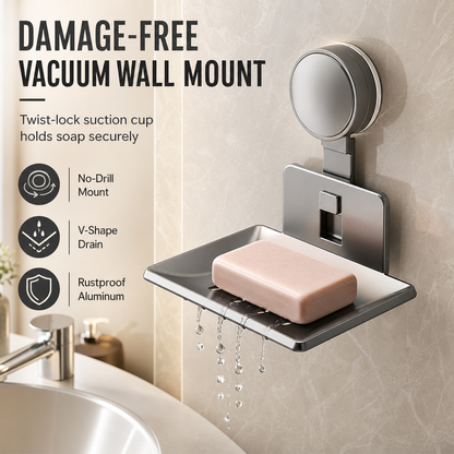 📢📢-50% DE RÉDUCTION !! ⏰Porte-Savon à Ventouse : Drainage en V, Aluminium Antirouille, Sans Perçage, Fixation par Torsion🧼