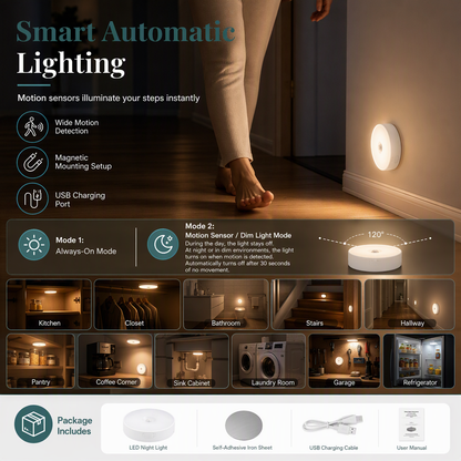 📢📢40% DE RÉDUCTION !! ⏰Veilleuse LED Sans Fil Rechargeable avec Détecteur de Mouvement et Mode Continu pour Placard et Couloir