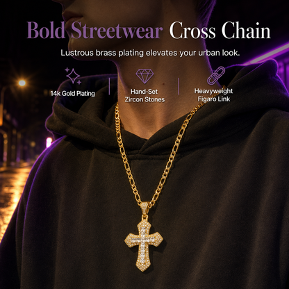 📢📢40 % DE RÉDUCTION !! ⏰Collier Pendentif Croix Hip-Hop Double Rang en Strass avec Chaîne Figaro