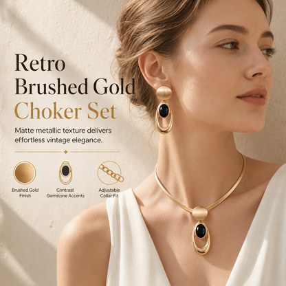 📢📢 50 % DE RÉDUCTION ✨ Ensemble collier ras-du-cou et boucles d’oreilles vintage – Finition dorée brossée et touches de pierres noires pour des soirées élégantes